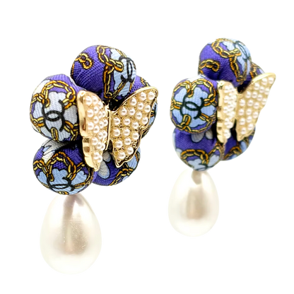 CC Camellia Butterfly Vintage Silk Necktie Drop Earrings