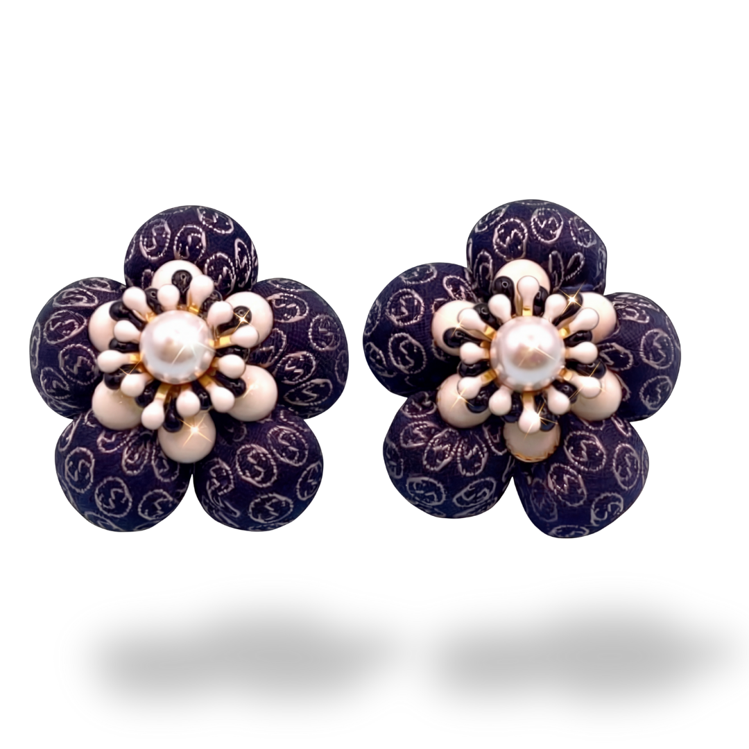 GG Flower Vintage Silk Necktie Stud Earrings