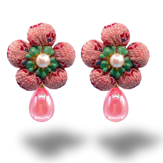 Flower Vintage Silk Necktie Drop Earrings