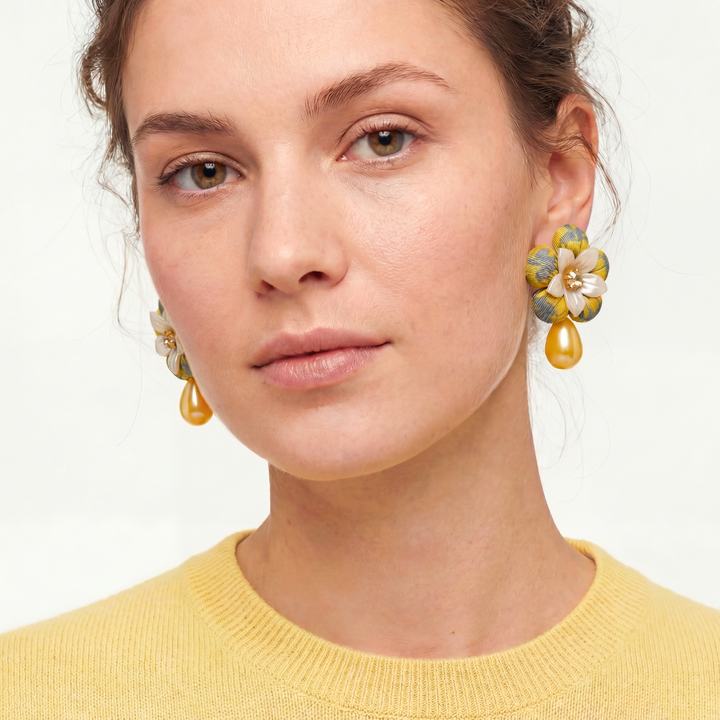 Equestrian Flower Vintage Silk Necktie Drop Earrings