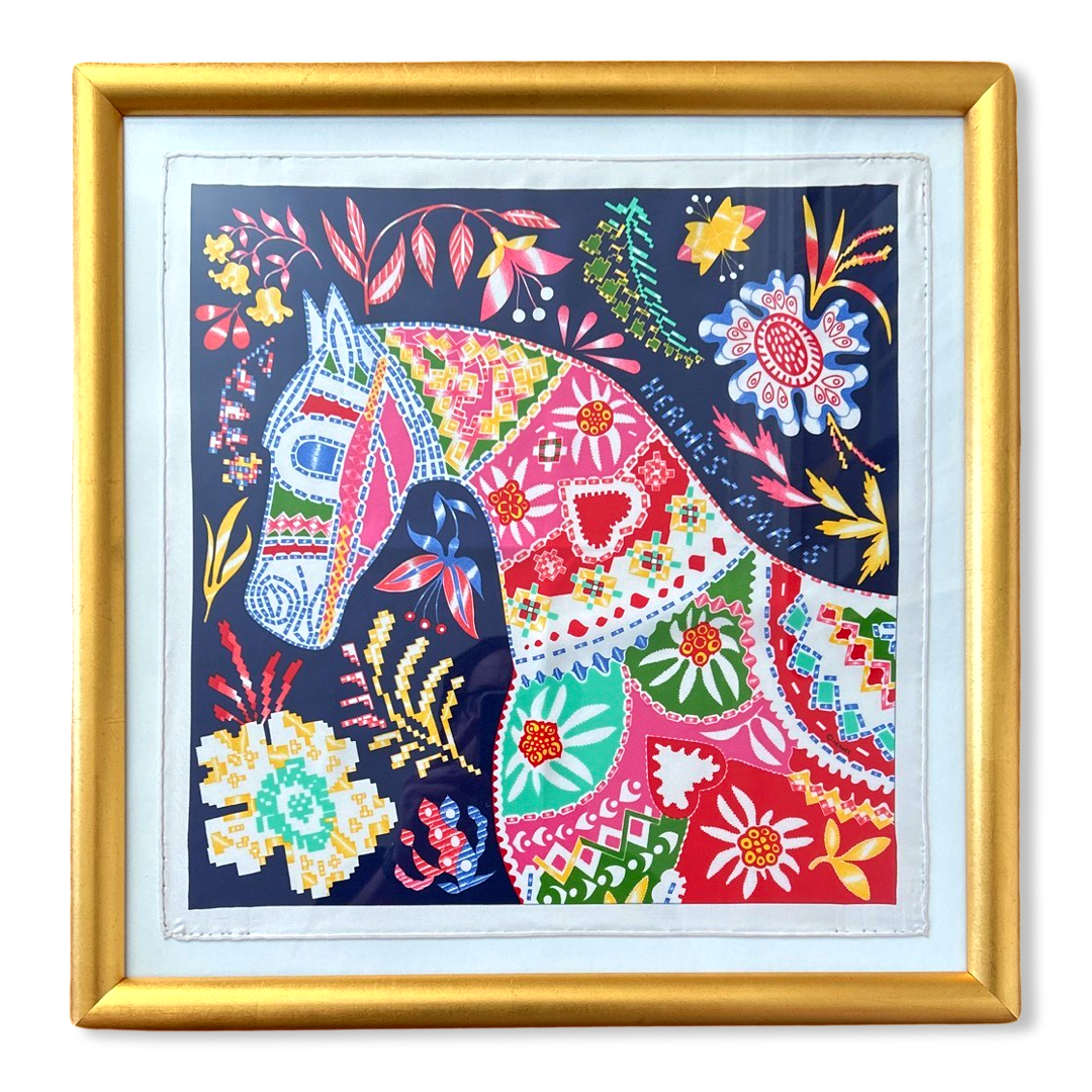 Framed Hermes Scarf En Attendant Ulysse Framed Vintage Silk Scarf 20" Vintage Hermes at Vintage Luxe Up