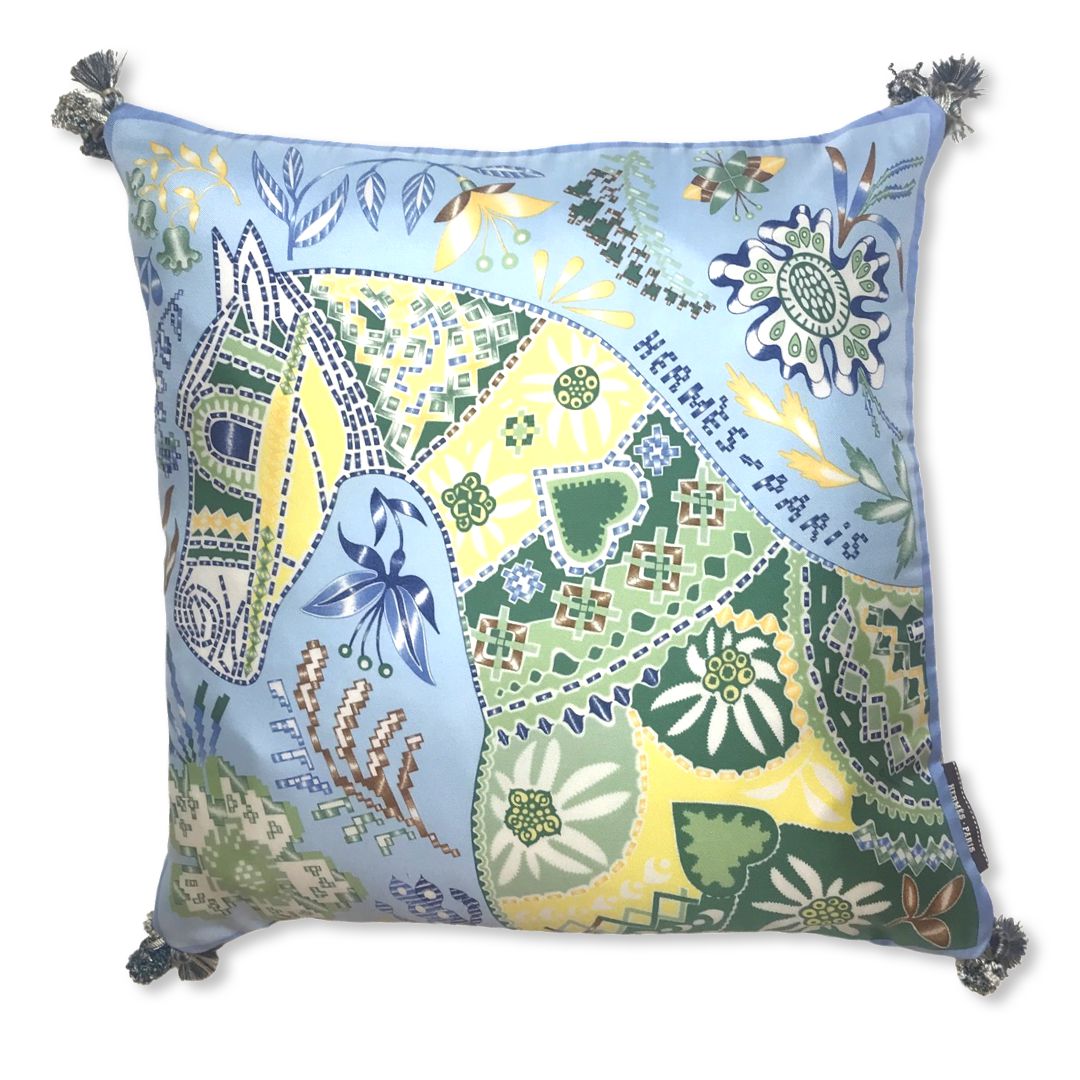 Vintage Hermes Pillow En Attendant Ulysse Vintage Silk Scarf Pillow 17" at Vintage Luxe Up