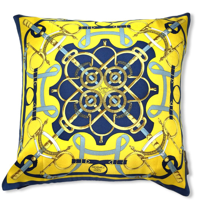 Vintage Hermes Pillow Eperon d'Or Blue & Yellow Vintage Silk Scarf Pillow 17" at Vintage Luxe Up