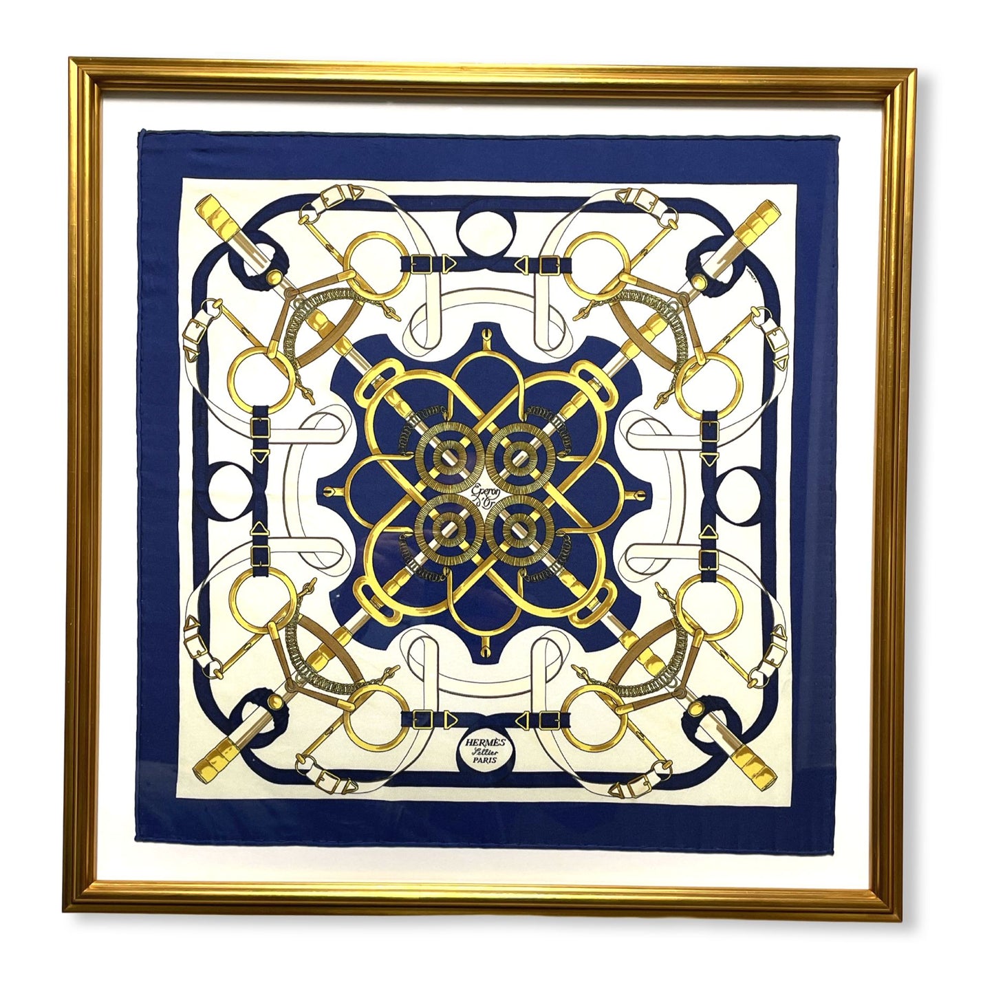 Framed Hermes Scarf Eperon d'Or Framed Vintage Silk Scarf 20" Vintage Hermes at Vintage Luxe Up