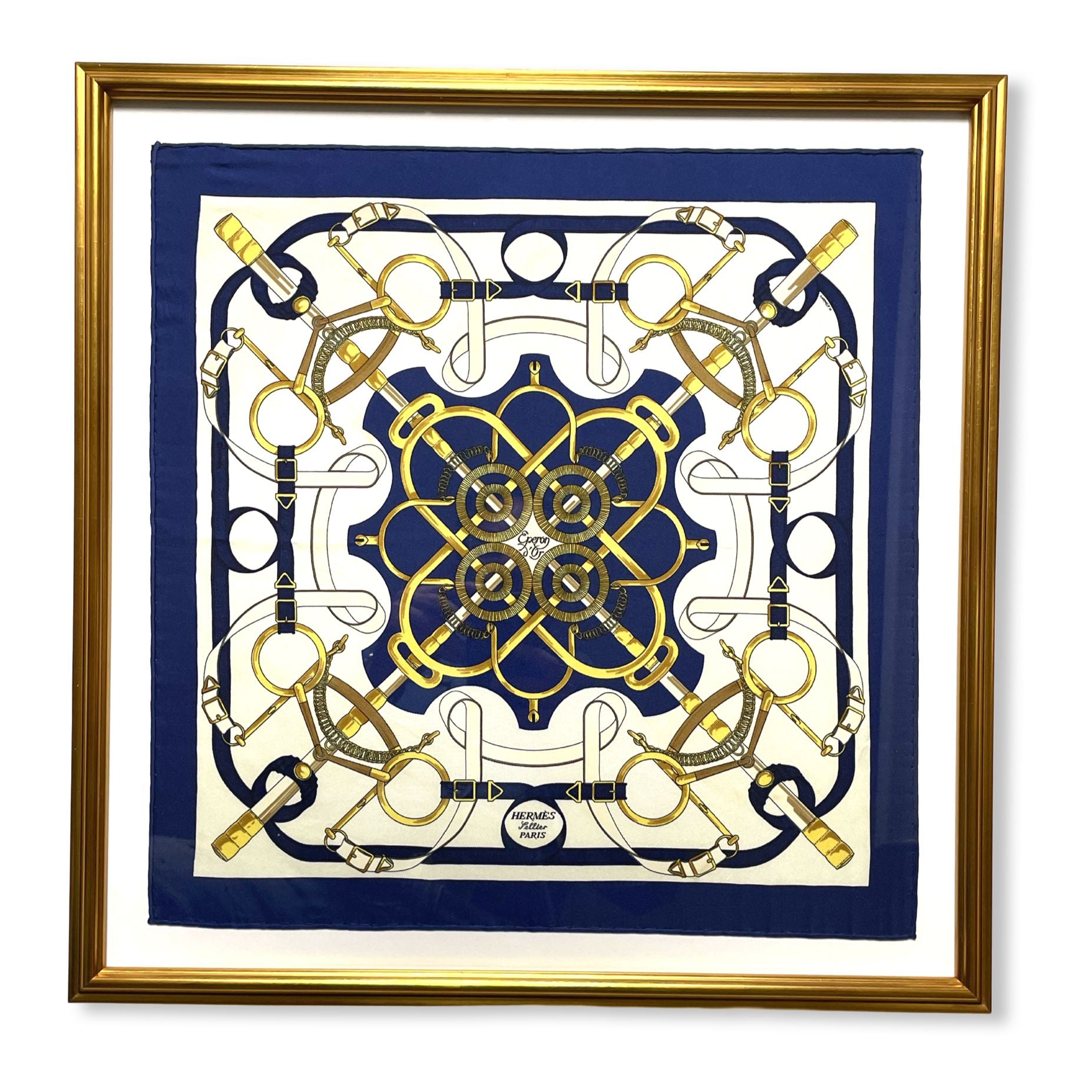 Framed Hermes Scarf Eperon d'Or Framed Vintage Silk Scarf 20" Vintage Hermes at Vintage Luxe Up