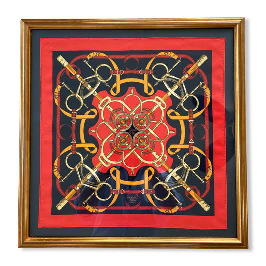 Framed Hermes Scarf Eperon d'Or Framed Vintage Silk Scarf 20" Vintage Hermes at Vintage Luxe Up