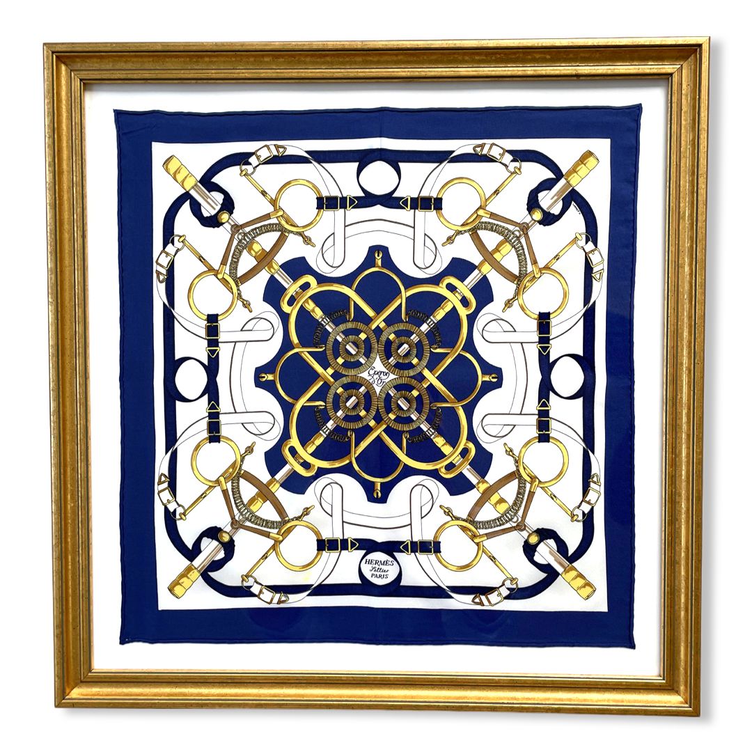 Framed Hermes Scarf Eperon d'Or Framed Vintage Silk Scarf 20" Vintage Hermes at Vintage Luxe Up