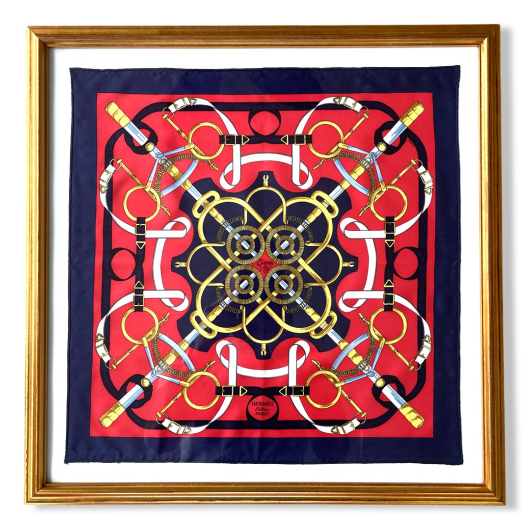 Framed Hermes Scarf Eperon d'Or Navy Framed Vintage Silk Scarf 20” Vintage Hermes at Vintage Luxe Up