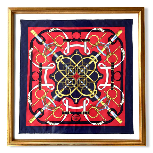 Framed Hermes Scarf Eperon d'Or Navy Framed Vintage Silk Scarf 20” Vintage Hermes at Vintage Luxe Up