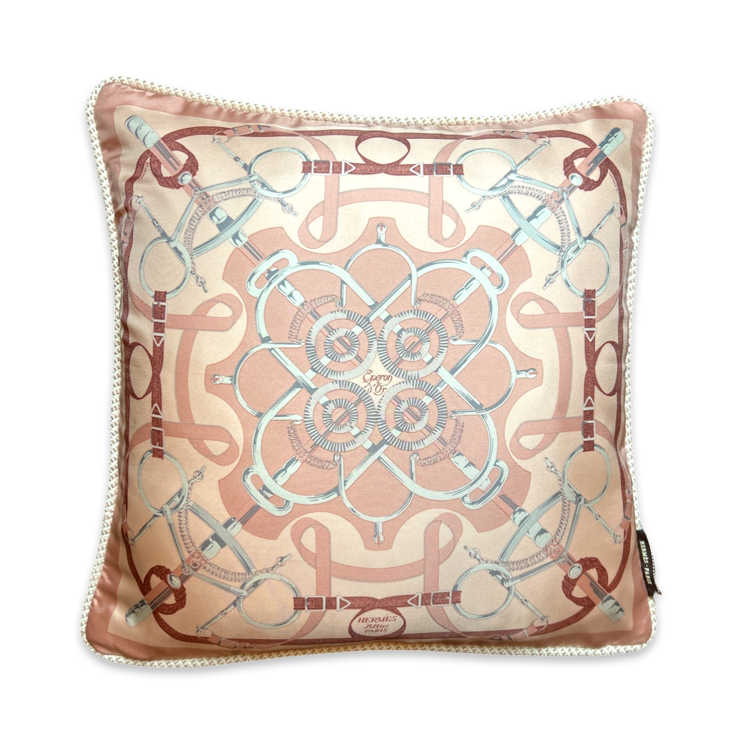 Vintage Hermes Pillow Eperon d'Or Pink Vintage Silk Scarf Pillow 17" at Vintage Luxe Up