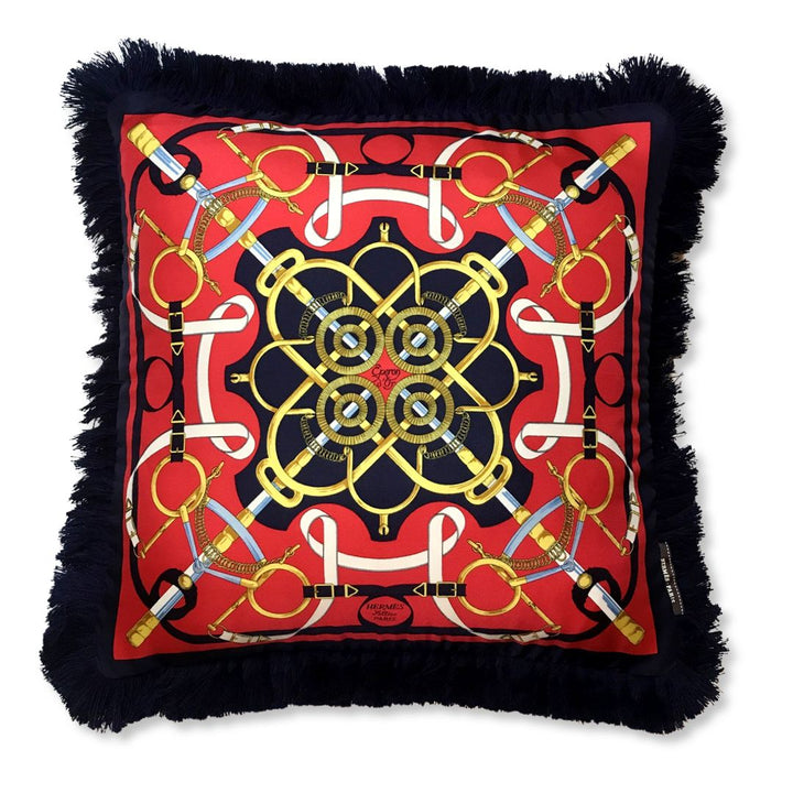Vintage Hermes Pillow Eperon d'Or Red & Navy Vintage Silk Scarf Pillow 19" at Vintage Luxe Up