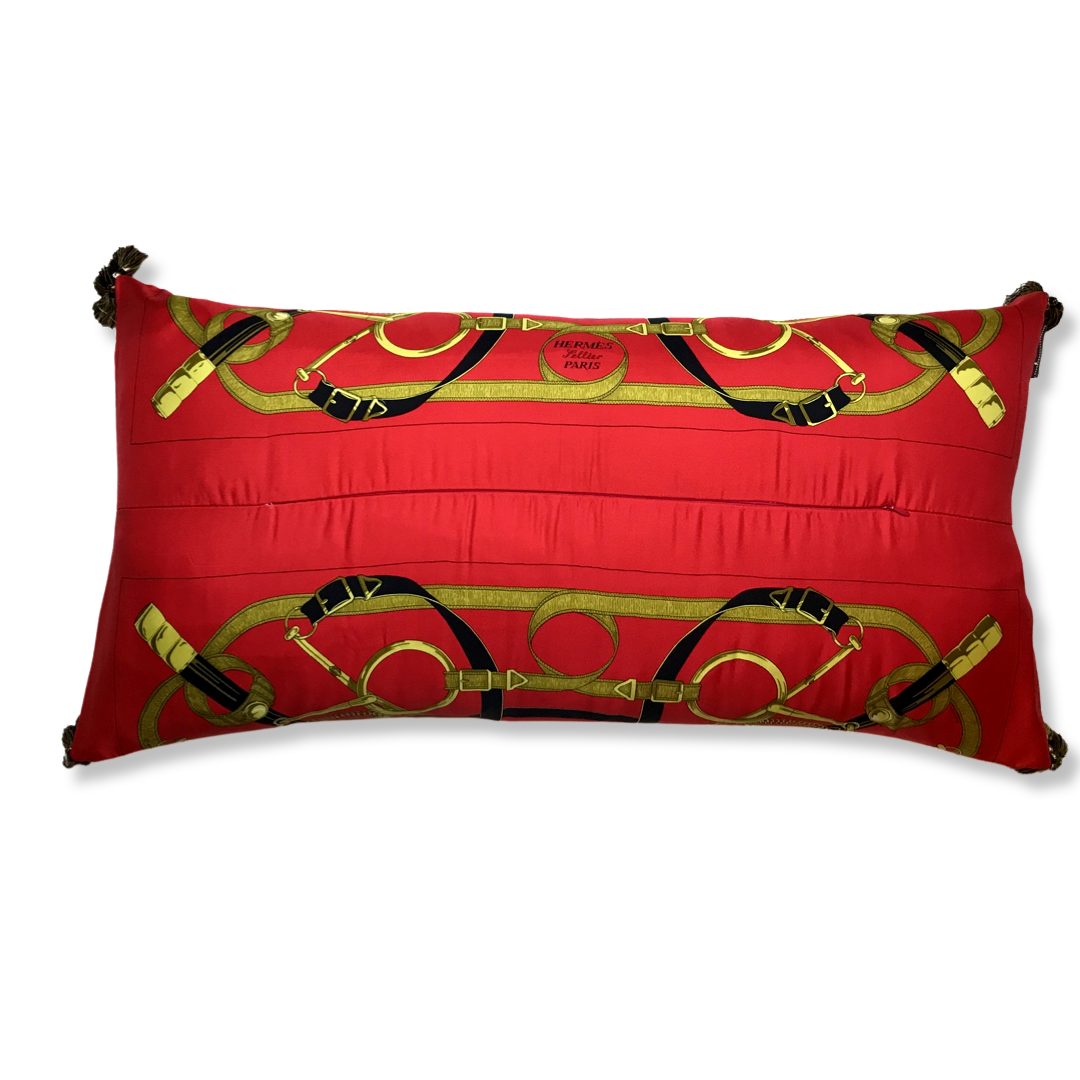 Eperon d'Or Red Vintage Silk Scarf Lumbar Pillow 35"