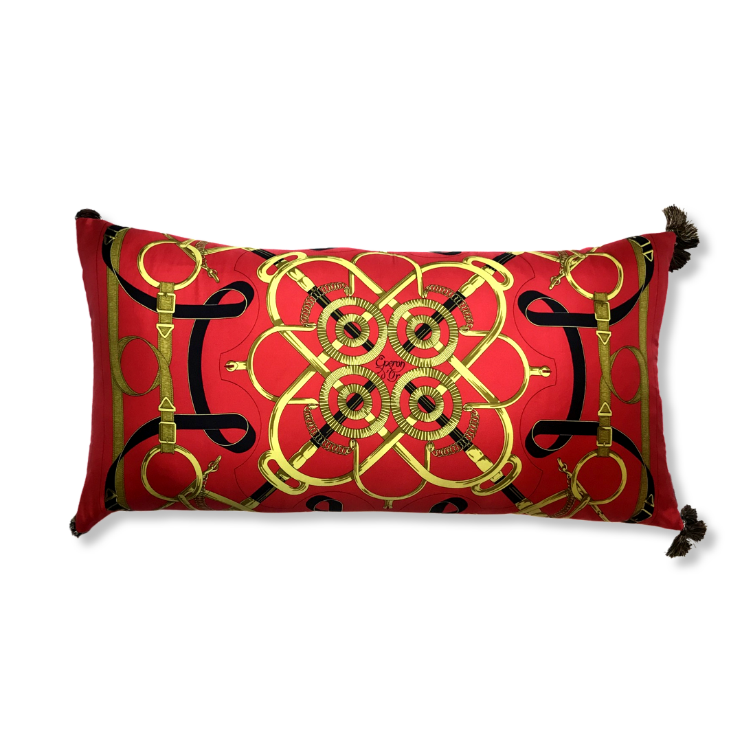Eperon d'Or Red Vintage Silk Scarf Lumbar Pillow 35"