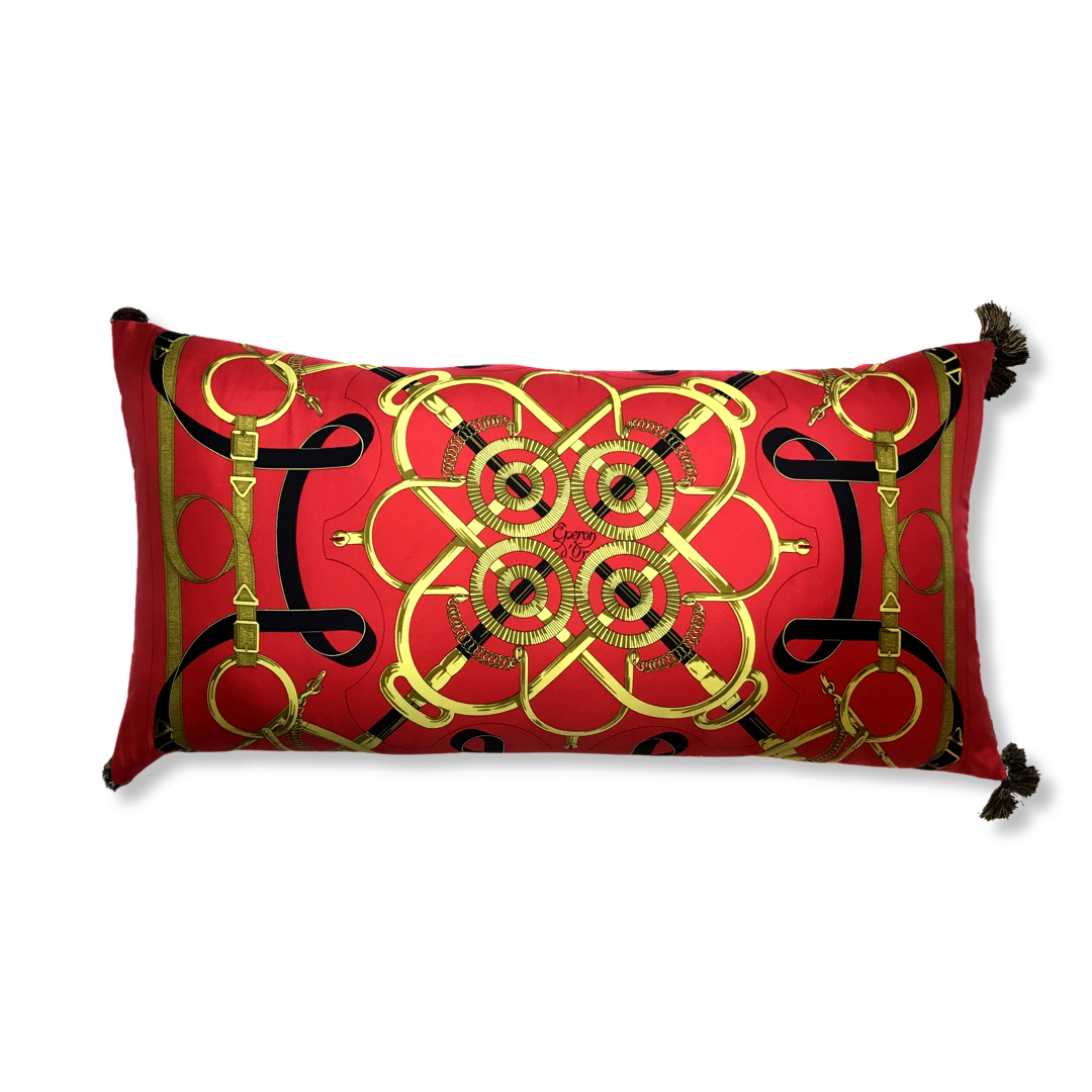 Vintage Hermes Pillow Eperon d'Or Red Vintage Silk Scarf Lumbar Pillow 35" at Vintage Luxe Up
