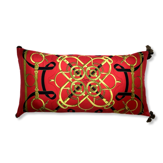 Vintage Hermes Pillow Eperon d'Or Red Vintage Silk Scarf Lumbar Pillow 35" at Vintage Luxe Up