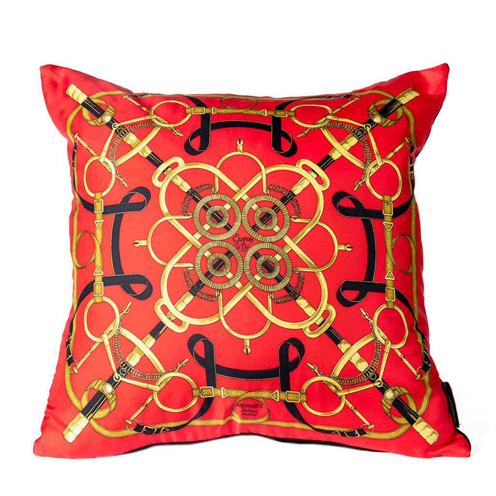 Vintage Hermes Pillow Eperon d'Or Red Vintage Silk Scarf Pillow 17" at Vintage Luxe Up