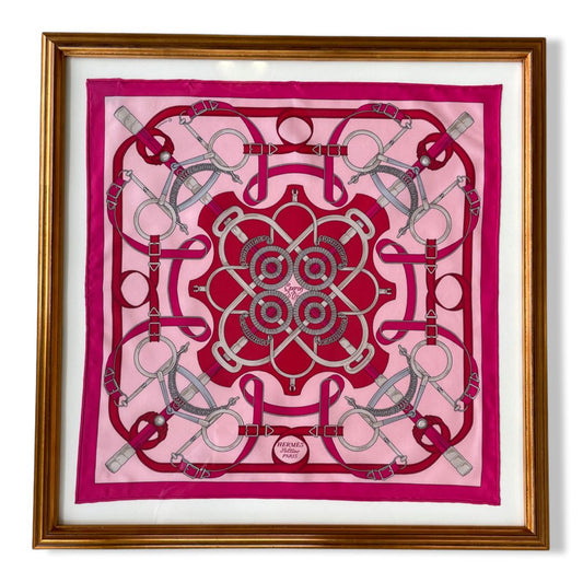 Framed Hermes Scarf Eperon d'Or Rose Framed Vintage Silk Scarf 20" Vintage Hermes at Vintage Luxe Up