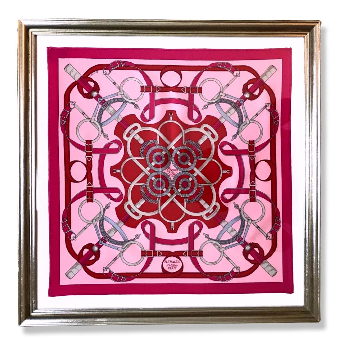 Framed Hermes Scarf Eperon d'Or Rose Framed Vintage Silk Scarf 20" Vintage Hermes at Vintage Luxe Up