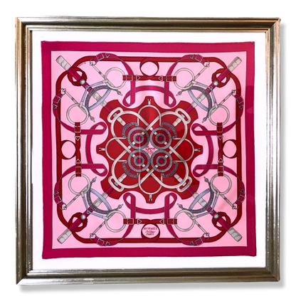 Framed Hermes Scarf Eperon d'Or Rose Framed Vintage Silk Scarf 20" Vintage Hermes at Vintage Luxe Up