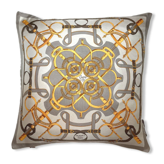 Vintage Hermes Pillow Eperon d'Or Silver Vintage Silk Scarf Pillow 17" at Vintage Luxe Up