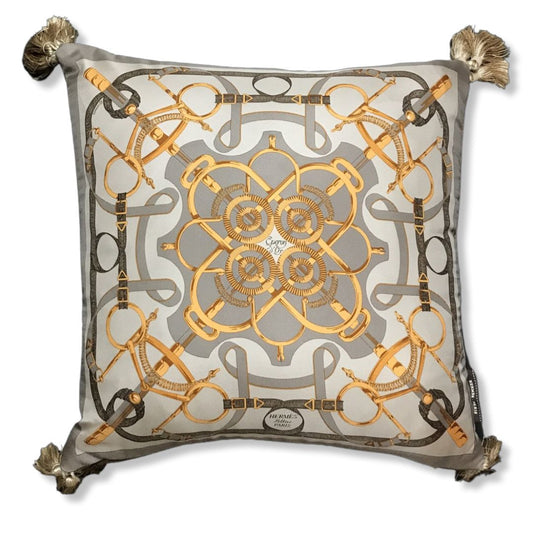 Vintage Hermes Pillow Eperon d'Or Silver Vintage Silk Scarf Pillow 17" at Vintage Luxe Up