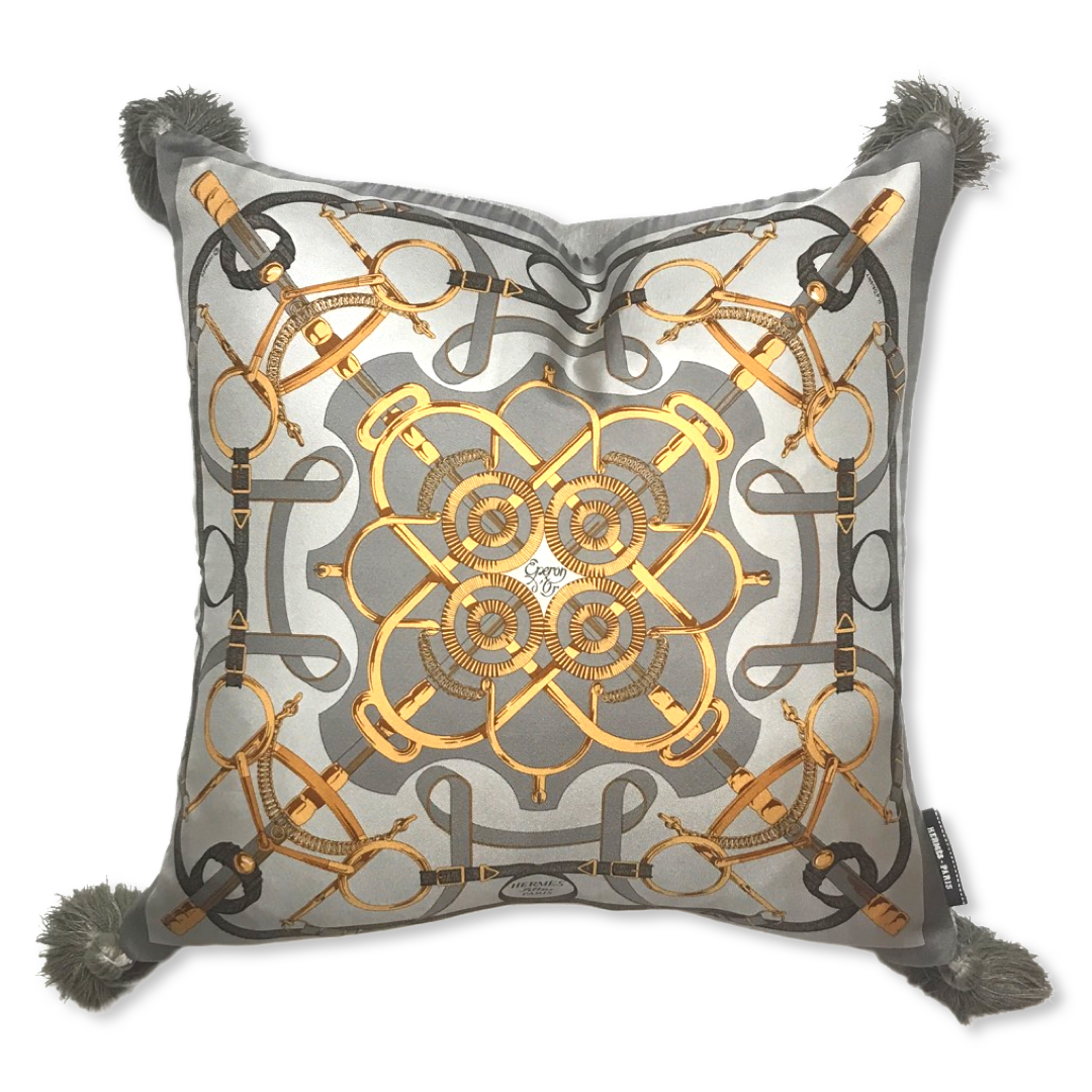 Vintage Hermes Pillow Eperon d'Or Silver Vintage Silk Scarf Pillow 17" at Vintage Luxe Up