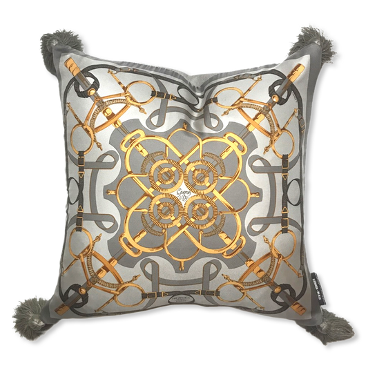 Vintage Hermes Pillow Eperon d'Or Silver Vintage Silk Scarf Pillow 17" at Vintage Luxe Up