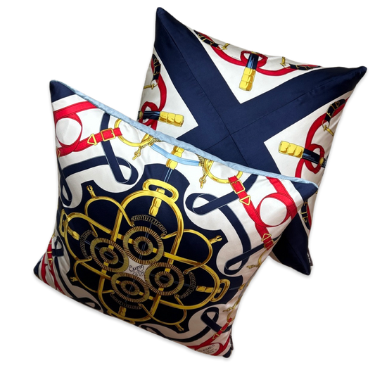 Vintage Hermes Pillow Eperon d'Or Vintage Silk Scarf Pillows 24" at Vintage Luxe Up