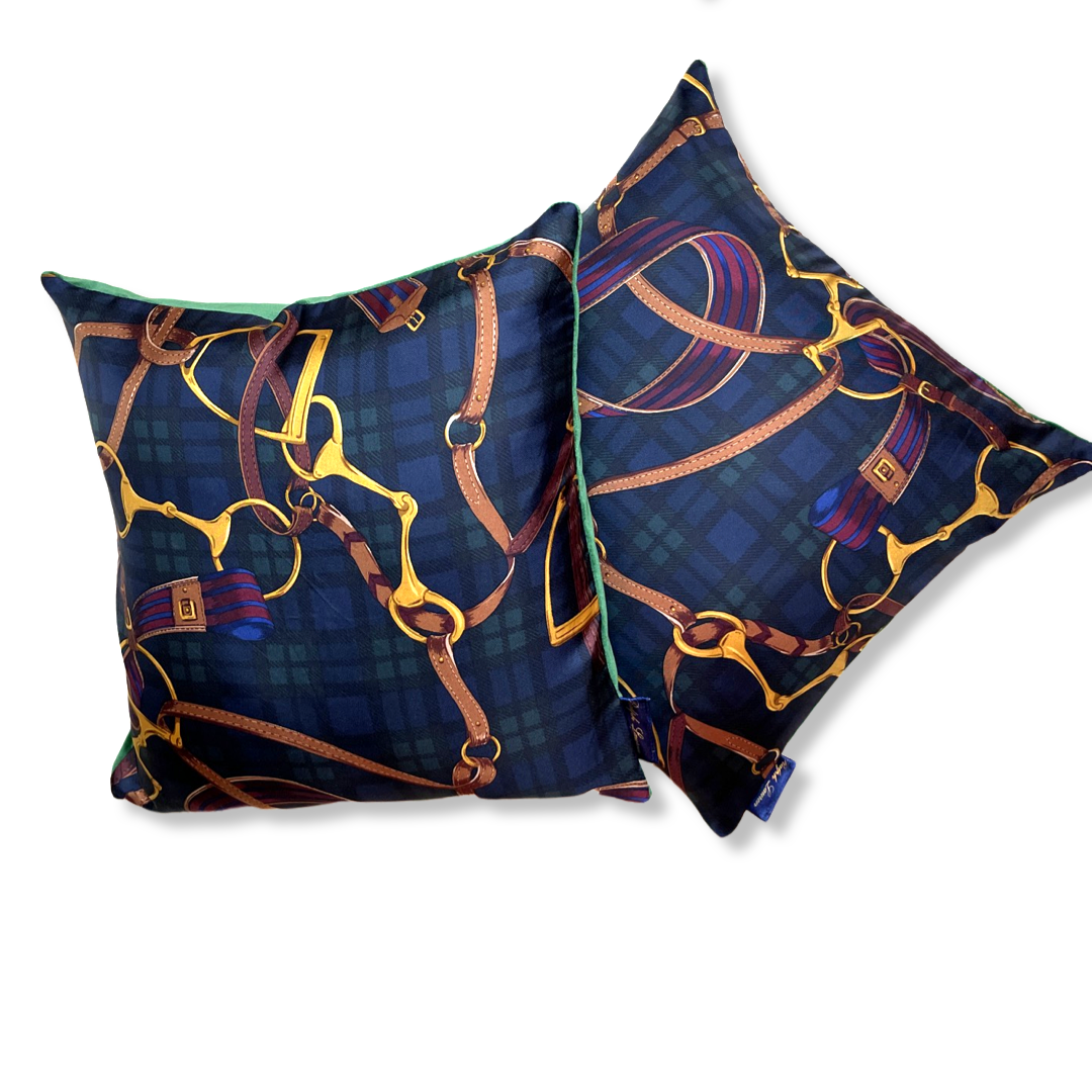 Vintage Ralph Lauren Pillow Equestrian Black Watch Tartan Vintage Silk Scarf Pillows 18" at Vintage Luxe Up