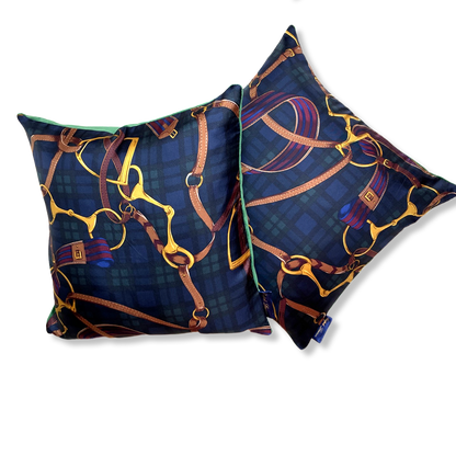 Vintage Ralph Lauren Pillow Equestrian Black Watch Tartan Vintage Silk Scarf Pillows 18" at Vintage Luxe Up