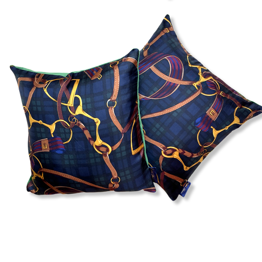 Vintage Ralph Lauren Pillow Equestrian Black Watch Tartan Vintage Silk Scarf Pillows 18" at Vintage Luxe Up