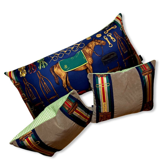 Vintage Ralph Lauren Pillow Equestrian Houndstooth Vintage Silk Scarf Pillows at Vintage Luxe Up