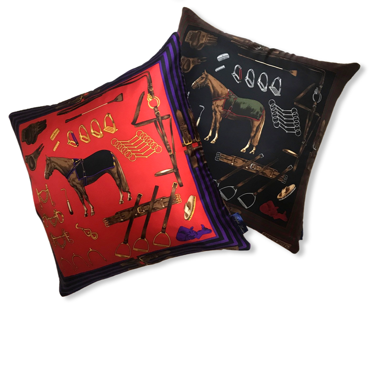 Equestrian Navy Vintage Silk Scarf Pillow 20"
