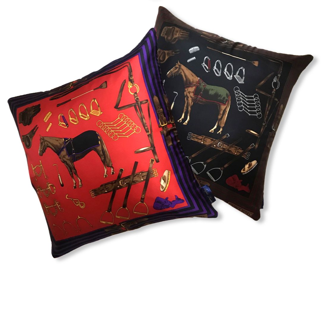 Equestrian Navy Vintage Silk Scarf Pillow 20"
