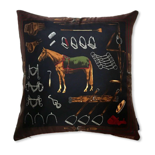 Vintage Ralph Lauren Pillow Equestrian Navy Vintage Silk Scarf Pillow 22" at Vintage Luxe Up