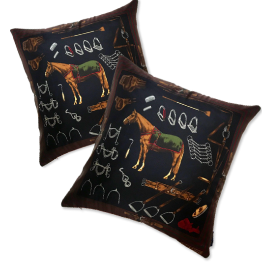 Vintage Ralph Lauren Pillow Equestrian Navy Vintage Silk Scarf Pillow 22" at Vintage Luxe Up