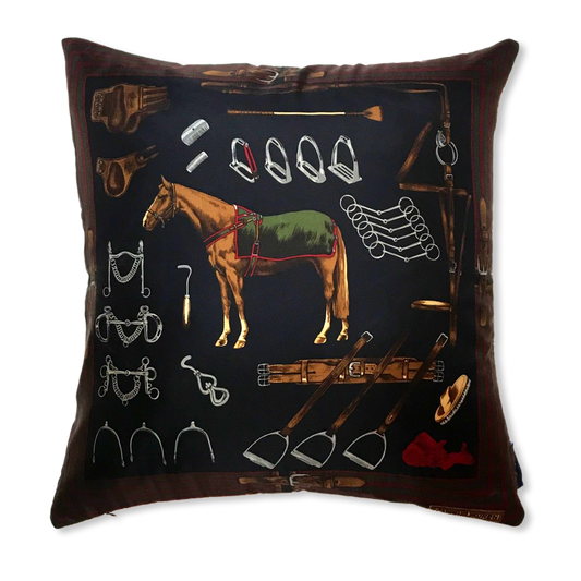 Vintage Ralph Lauren Pillow Equestrian Navy Vintage Silk Scarf Pillow 22" at Vintage Luxe Up