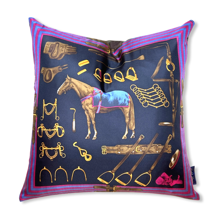 Equestrian Navy Vintage Silk Scarf Pillows 22"