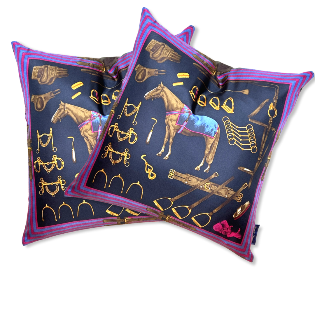 Vintage Ralph Lauren Pillow Equestrian Navy Vintage Silk Scarf Pillows 22" at Vintage Luxe Up