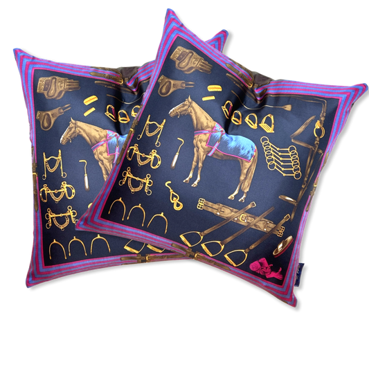 Vintage Ralph Lauren Pillow Equestrian Navy Vintage Silk Scarf Pillows 22" at Vintage Luxe Up
