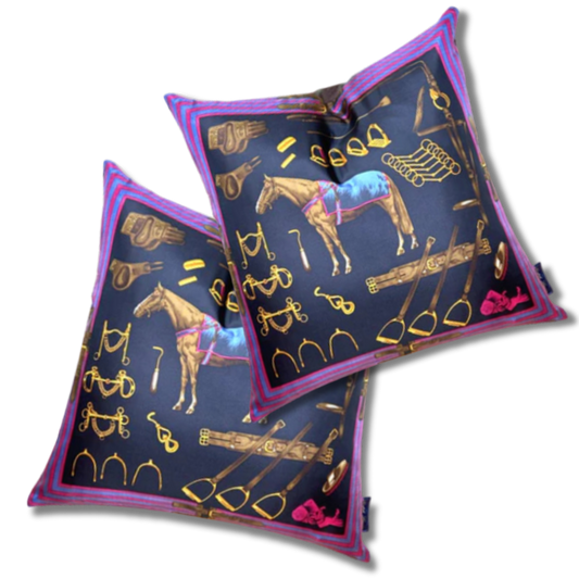Vintage Ralph Lauren Pillow Equestrian Navy Vintage Silk Scarf Pillows 22" at Vintage Luxe Up