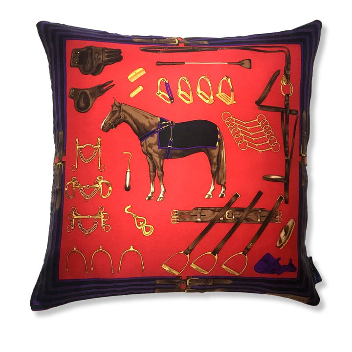 Vintage Ralph Lauren Pillow Equestrian Red Vintage Silk Scarf Pillow 22" at Vintage Luxe Up
