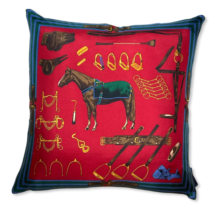 Equestrian Red Vintage Silk Scarf Pillows 22"