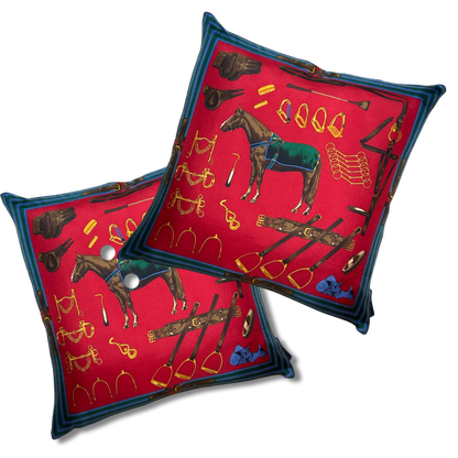 Vintage Ralph Lauren Pillow Equestrian Red Vintage Silk Scarf Pillows 22" at Vintage Luxe Up