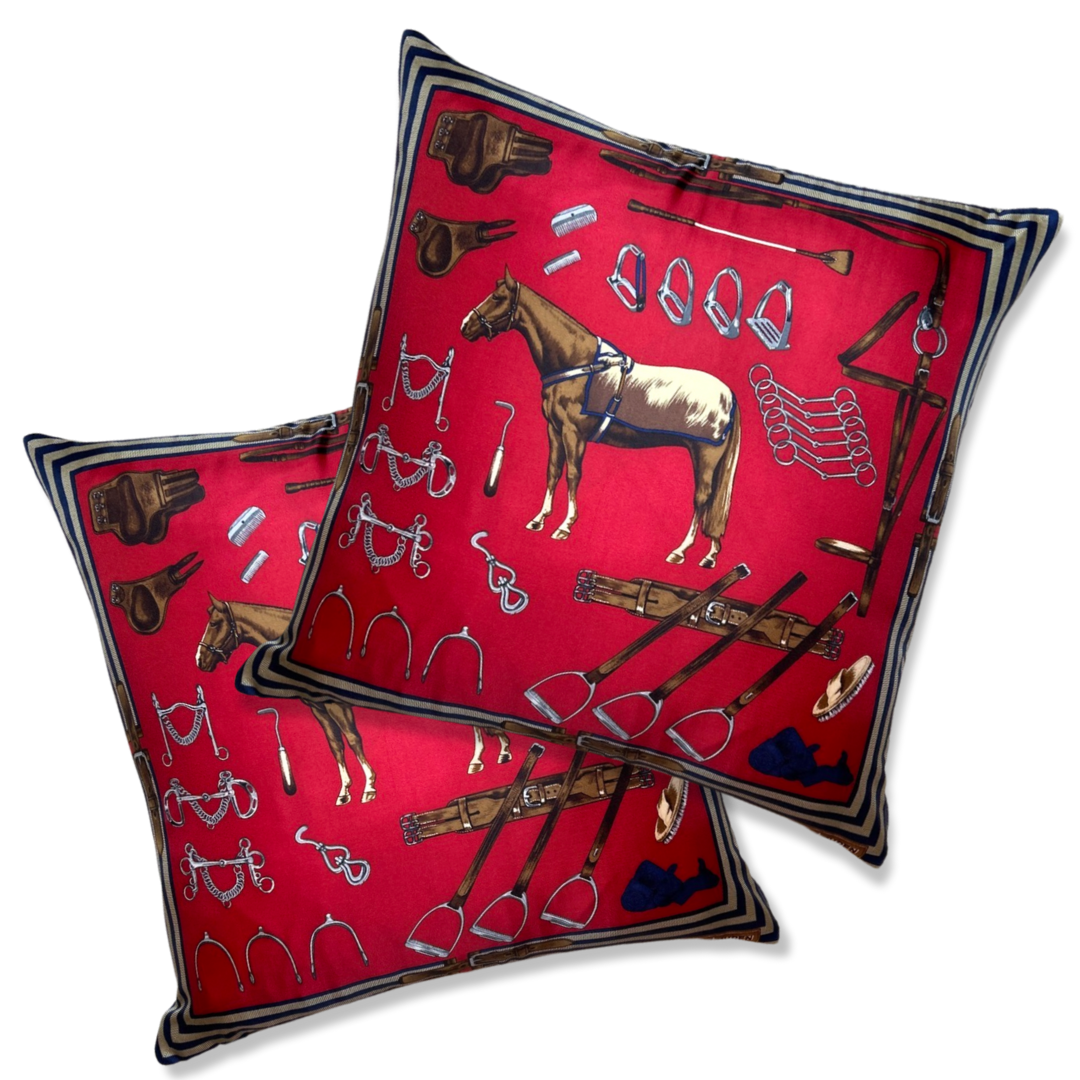 Vintage Ralph Lauren Pillow Equestrian Red Vintage Silk Scarf Pillows 22" at Vintage Luxe Up