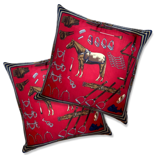 Vintage Ralph Lauren Pillow Equestrian Red Vintage Silk Scarf Pillows 22" at Vintage Luxe Up