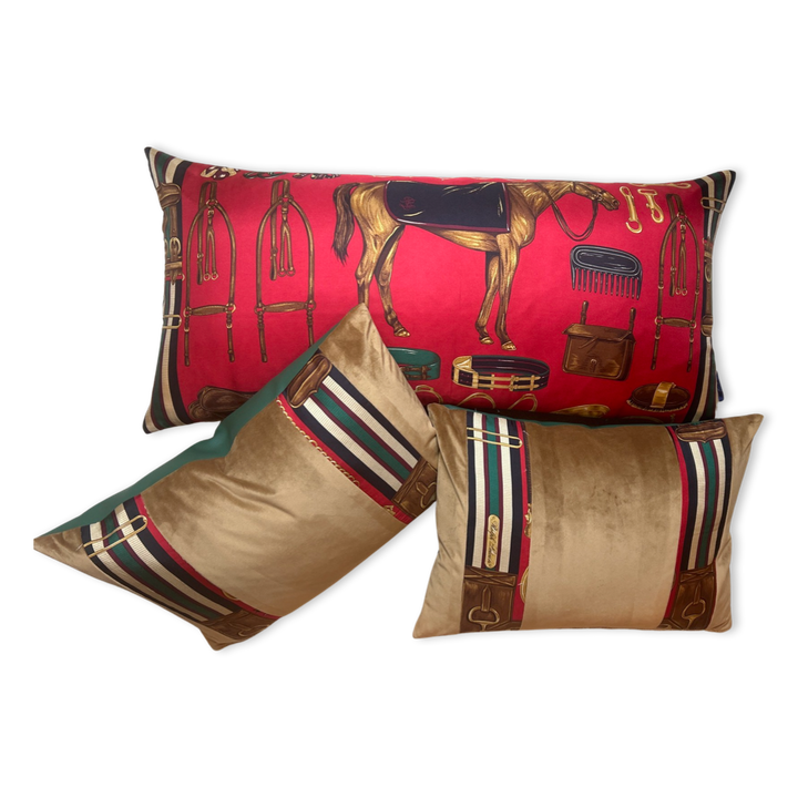 Vintage Ralph Lauren Pillow Equestrian Red Vintage Silk Scarf Pillows at Vintage Luxe Up