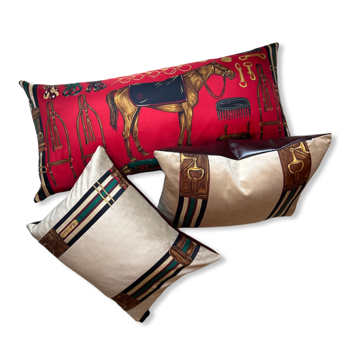 Vintage Ralph Lauren Pillow Equestrian Red Vintage Silk Scarf Pillows at Vintage Luxe Up