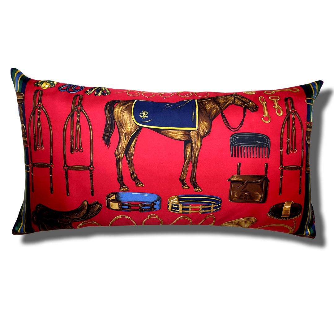 Vintage Ralph Lauren Pillow Equestrian Vintage Silk Scarf Lumbar Pillow 35" at Vintage Luxe Up