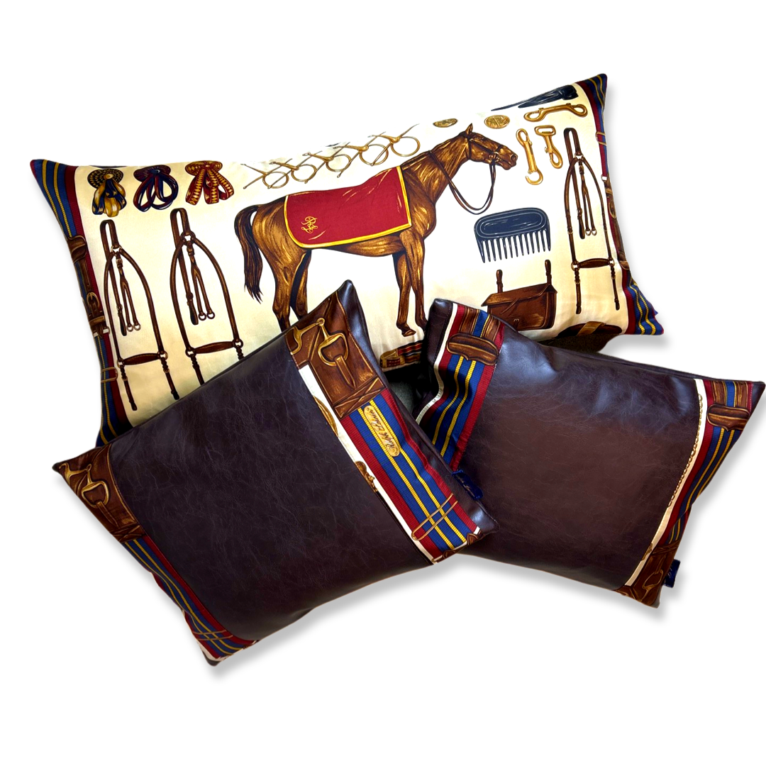 Vintage Ralph Lauren Pillow Equestrian Beige Vintage Silk Scarf Pillows at Vintage Luxe Up